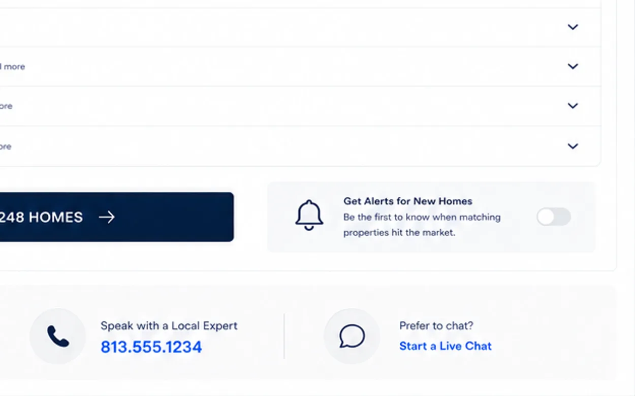 The save-search controls and the alert opt-in for new matching homes