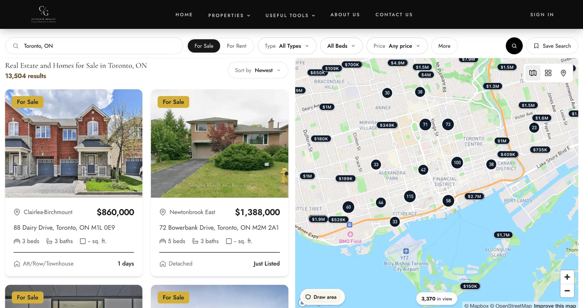 A RealFoyer IDX property search, showing filters, listing cards and a live map of Toronto