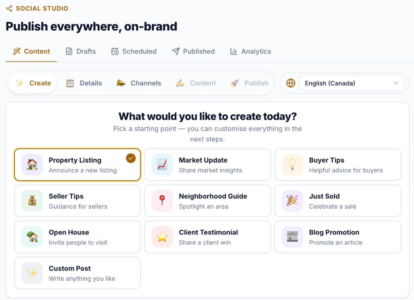 The social studio, showing post types including Property Listing, Open House and Just Sold