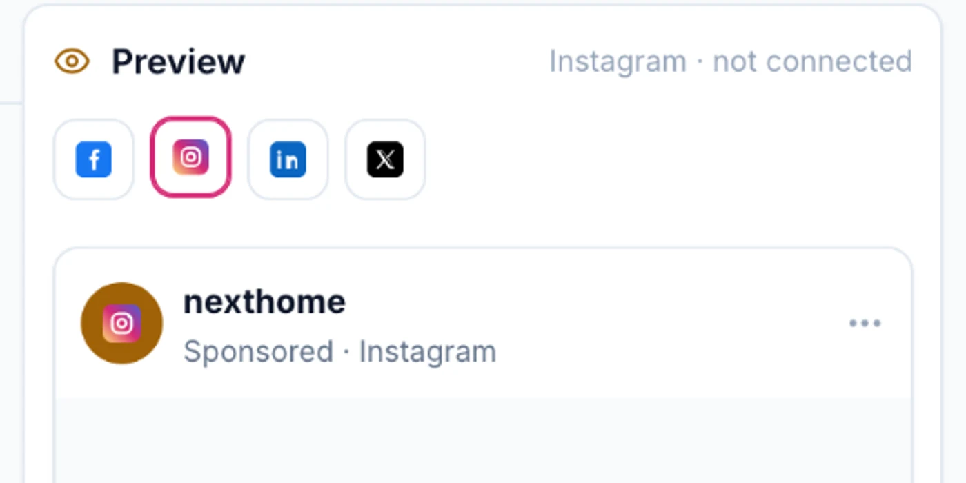 The channel preview panel, showing Facebook, Instagram, LinkedIn and X with per-channel connection status