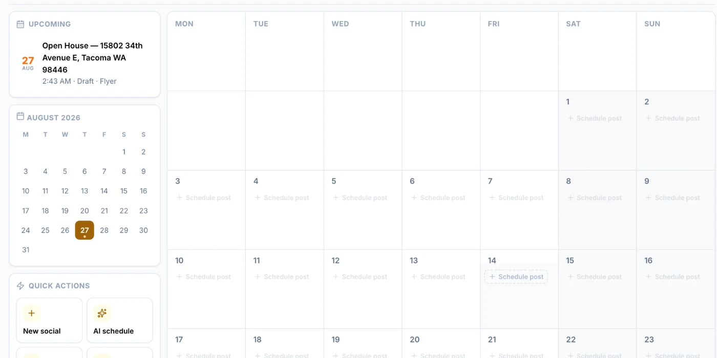 The marketing scheduler month view, with social, video, flyer and listing content types