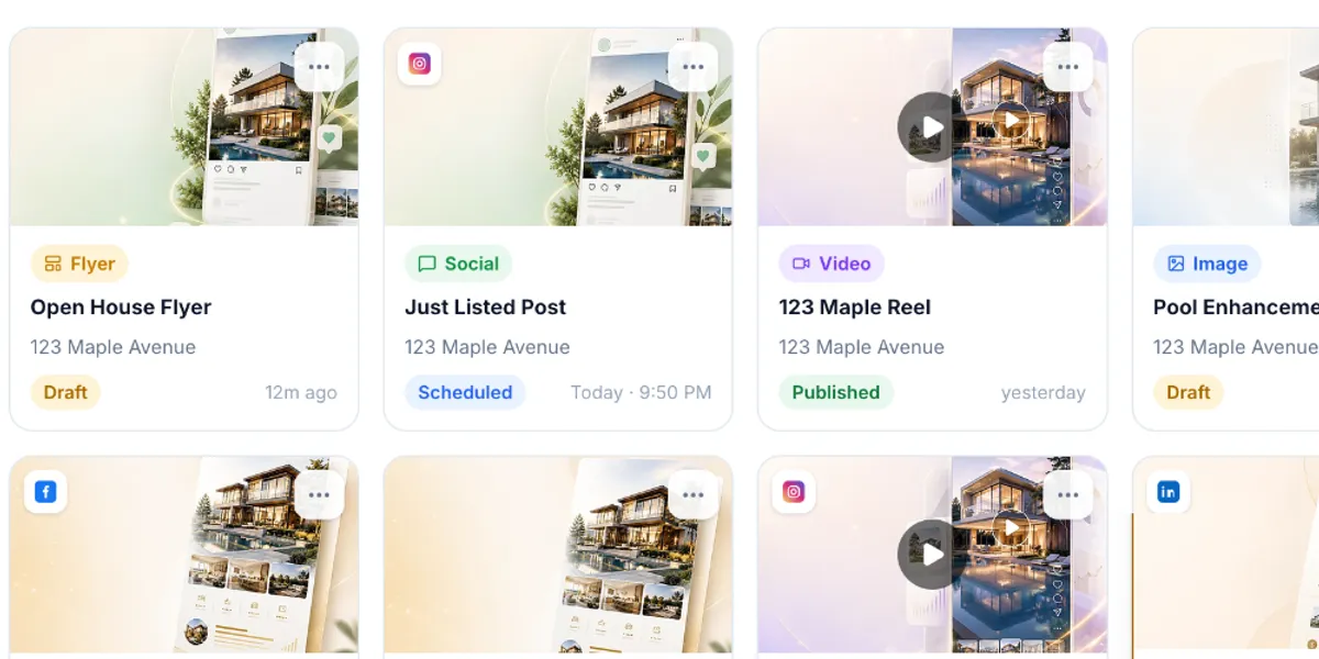 Library items tied to property addresses, each labelled social, flyer, video or image