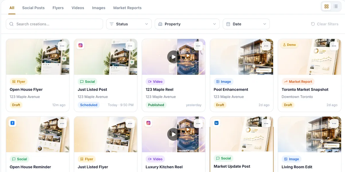 The marketing library, showing all content with drafts, scheduled and published counts