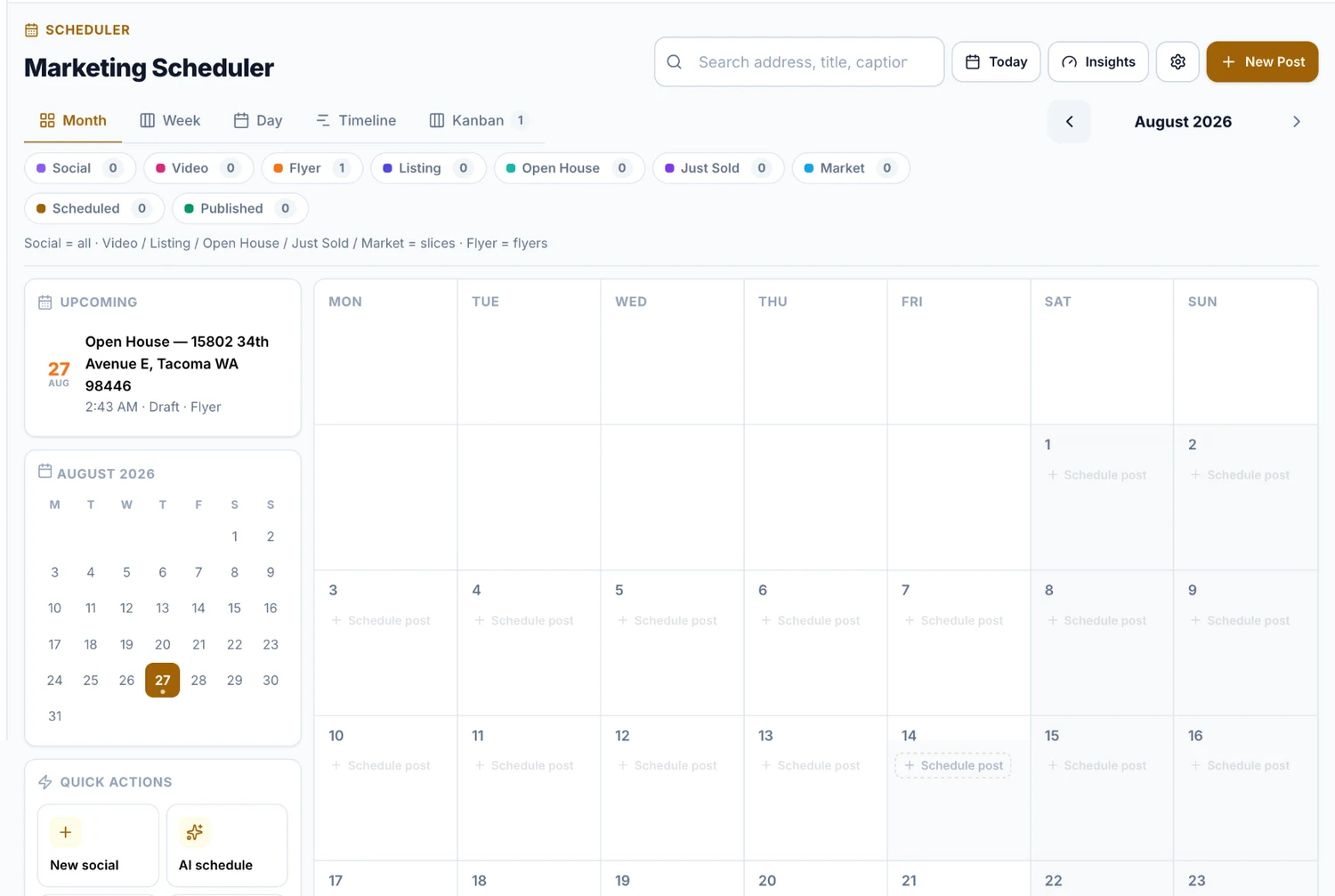 The RealFoyer marketing scheduler on a laptop