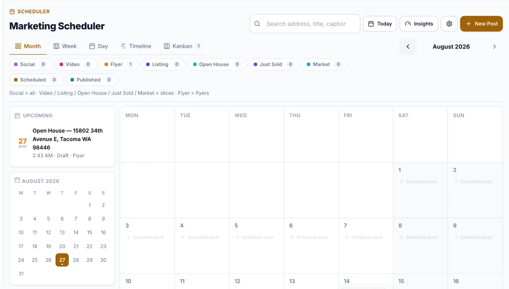 The RealFoyer marketing scheduler, showing a month of social, video, flyer and listing content with scheduled and published states