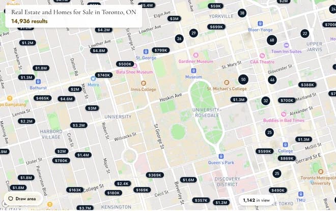 The map zoomed in on downtown Toronto, every listing carrying its own price marker and 1,142 in view.