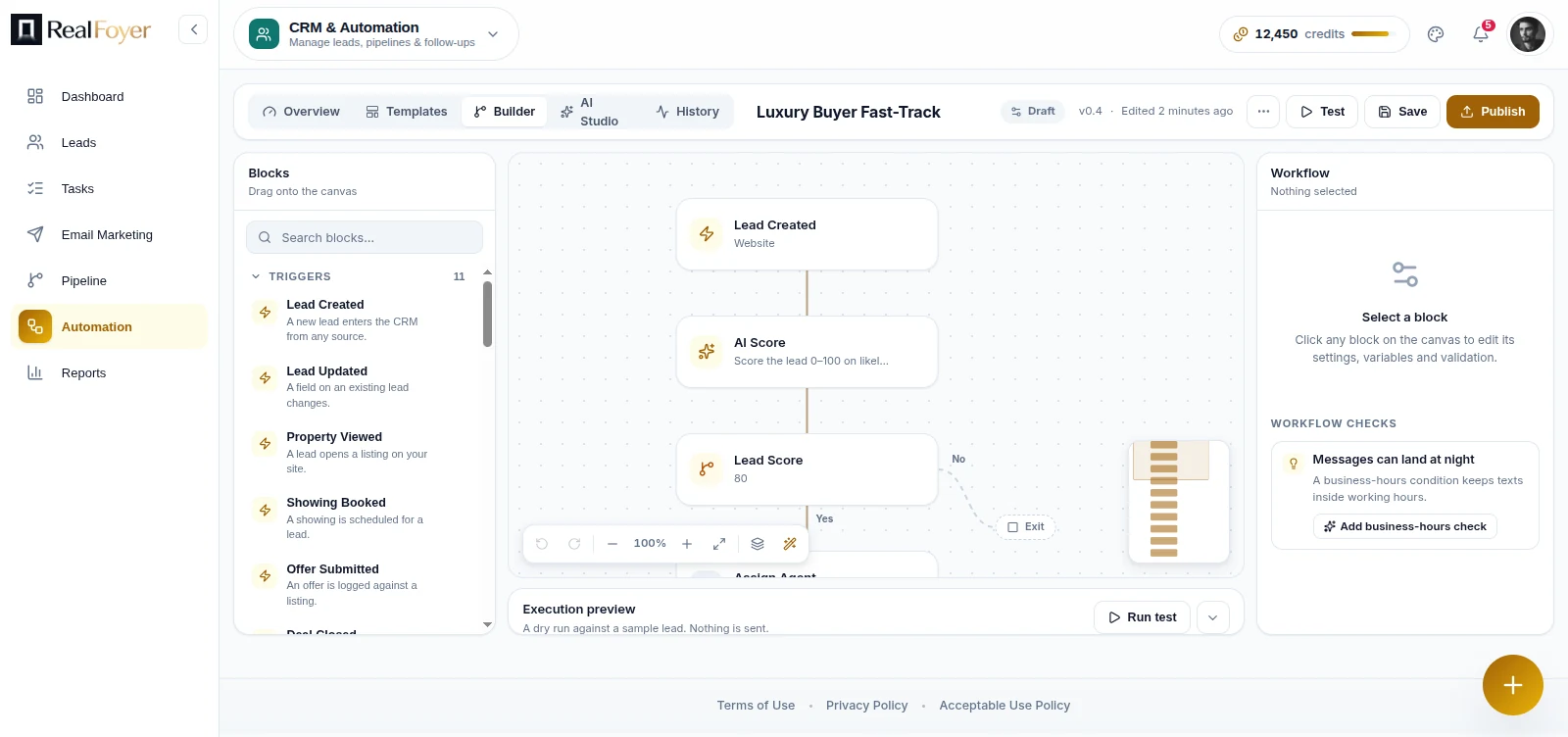 RealFoyer automation builder showing a lead-created trigger flowing into a scoring step and a score threshold that branches yes or no