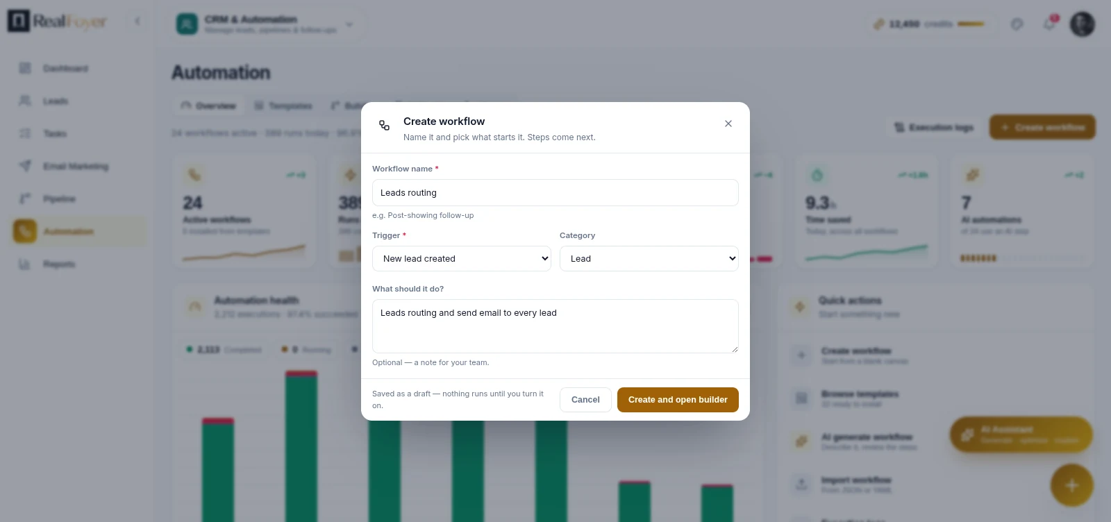 RealFoyer create-workflow dialog with a routing workflow being named and given a new-lead trigger