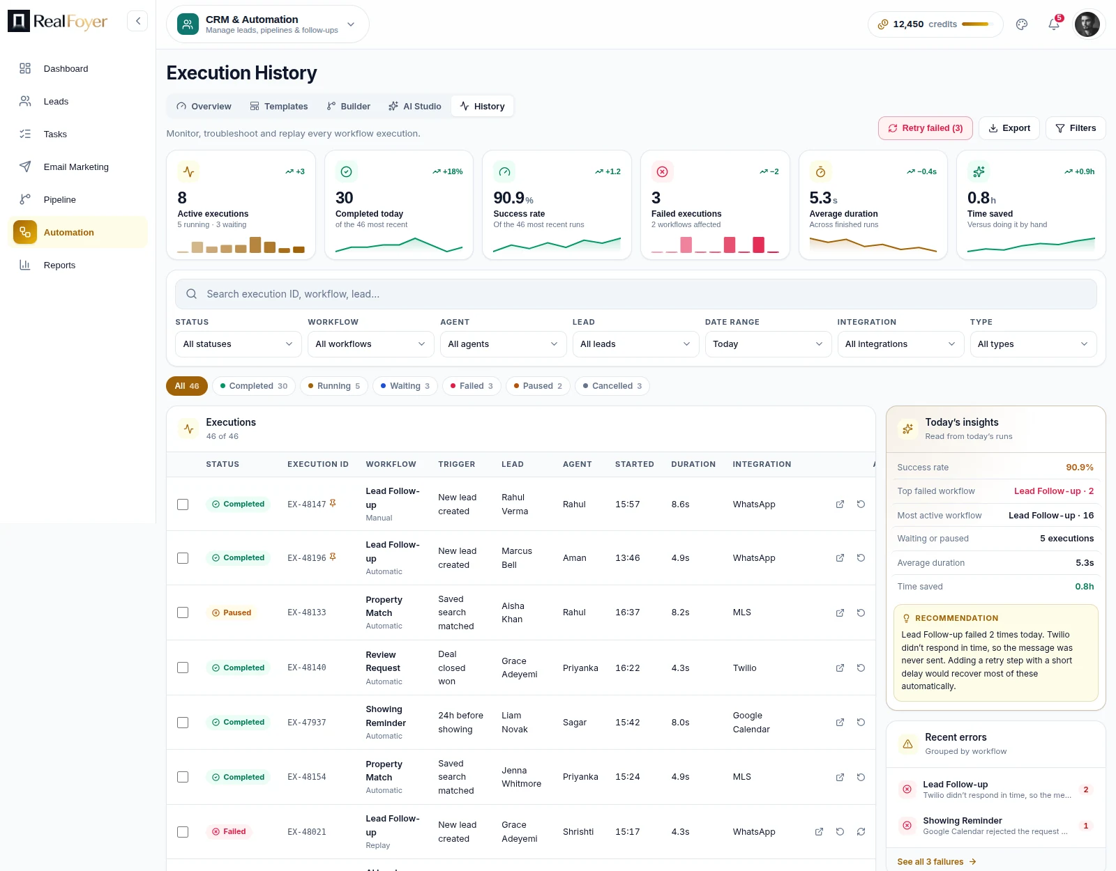 RealFoyer execution history listing individual workflow runs with their trigger, the agent involved and whether the run completed or paused