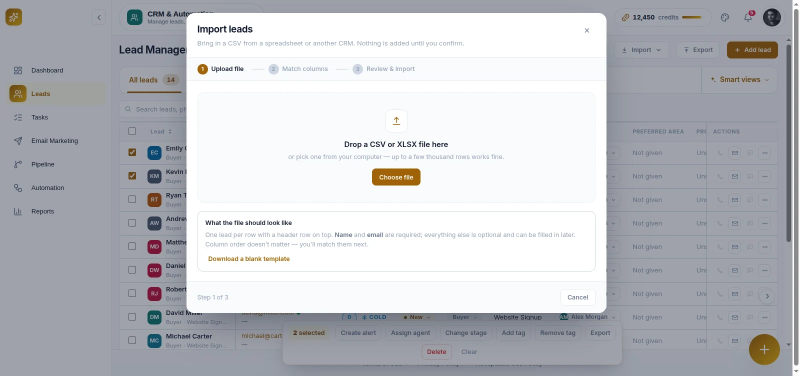 RealFoyer lead import dialog at the upload step, showing a three-step flow of upload, match columns and review before anything is written