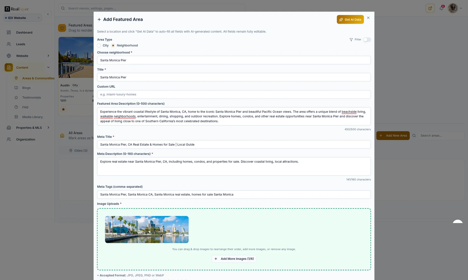 RealFoyer area form with the area type set to a specific place, a long description field and its own meta title and description