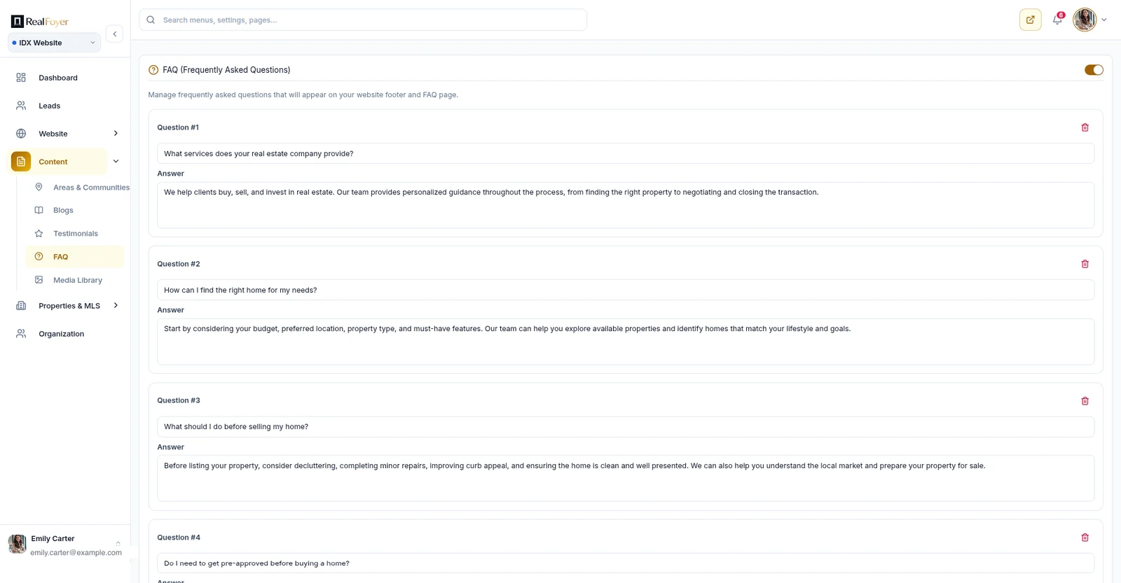 RealFoyer FAQ manager with four question and answer pairs that publish to the site footer and FAQ page