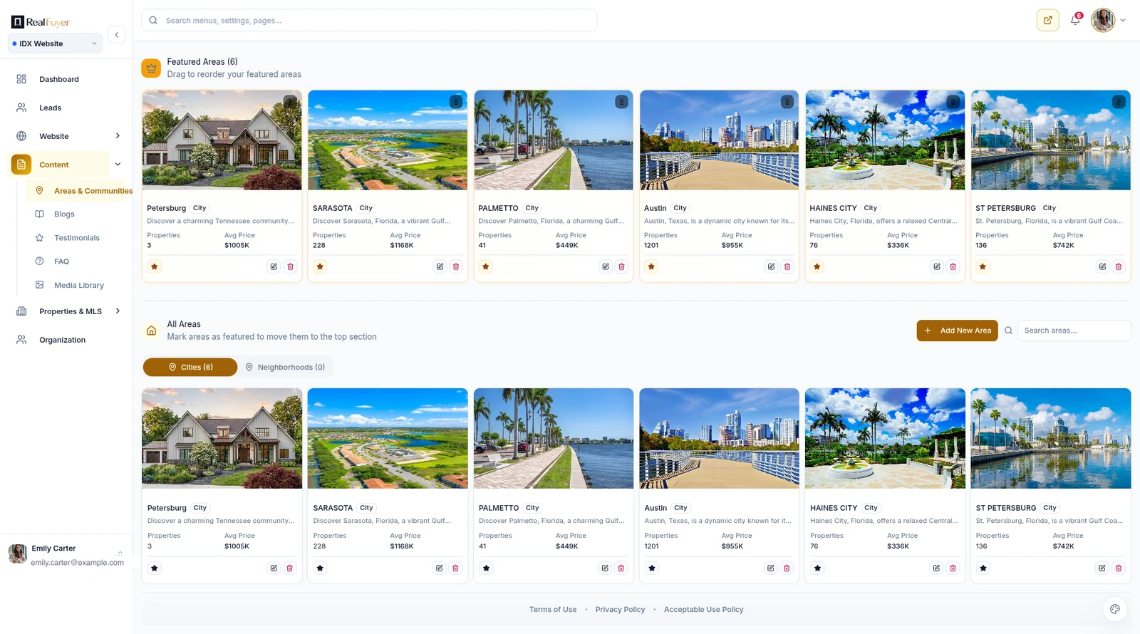 RealFoyer featured areas screen with a cities tab holding six entries and a neighbourhoods tab holding none