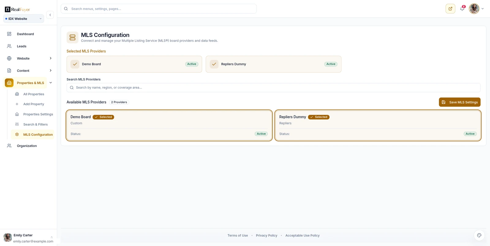RealFoyer MLS configuration screen listing more than one board provider connected at the same time