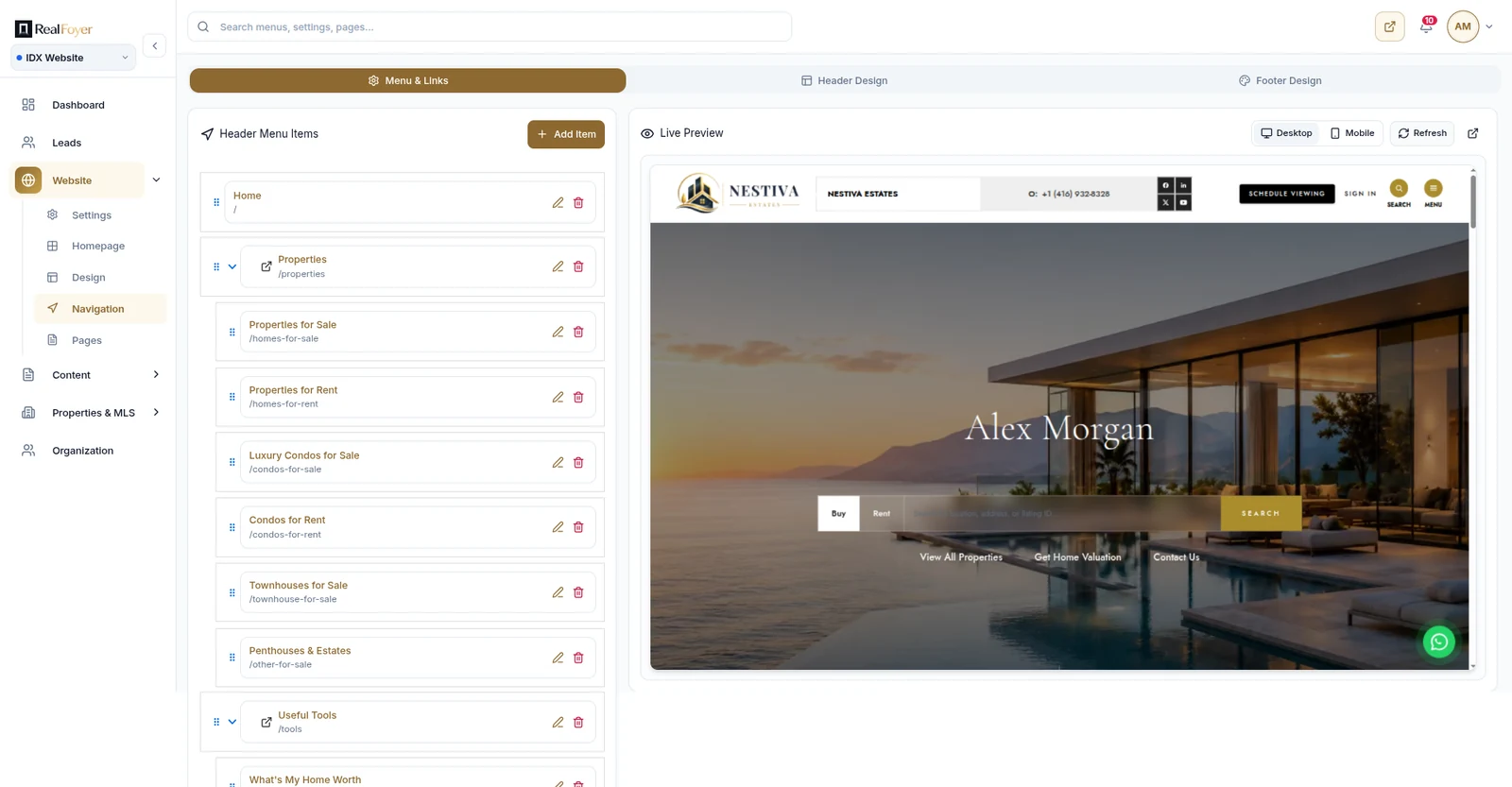 RealFoyer navigation editor listing header menu items with their URL paths beside a live preview of the site header