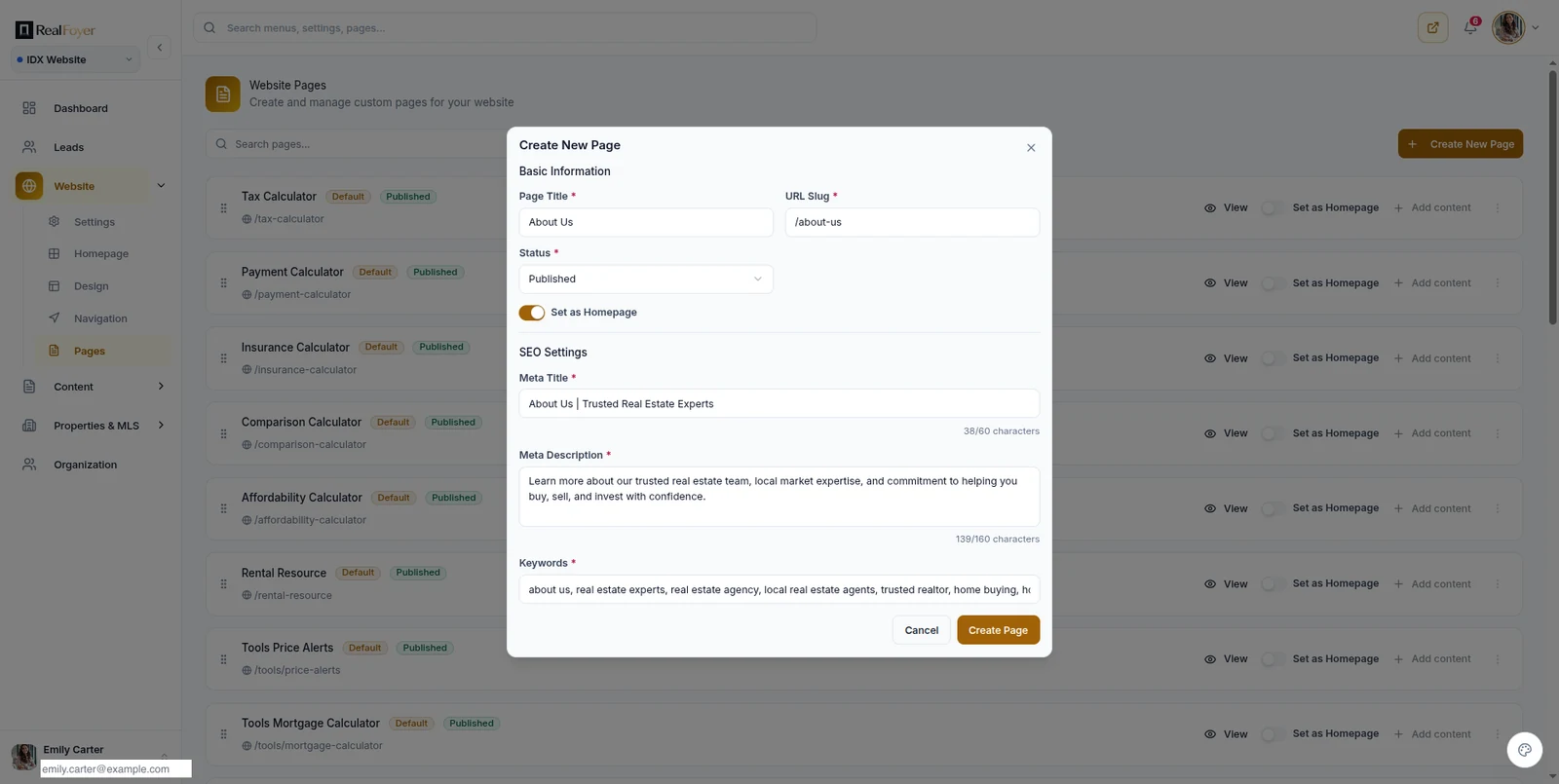 RealFoyer page editor with URL slug, publish status, meta title and meta description fields, each showing a character count
