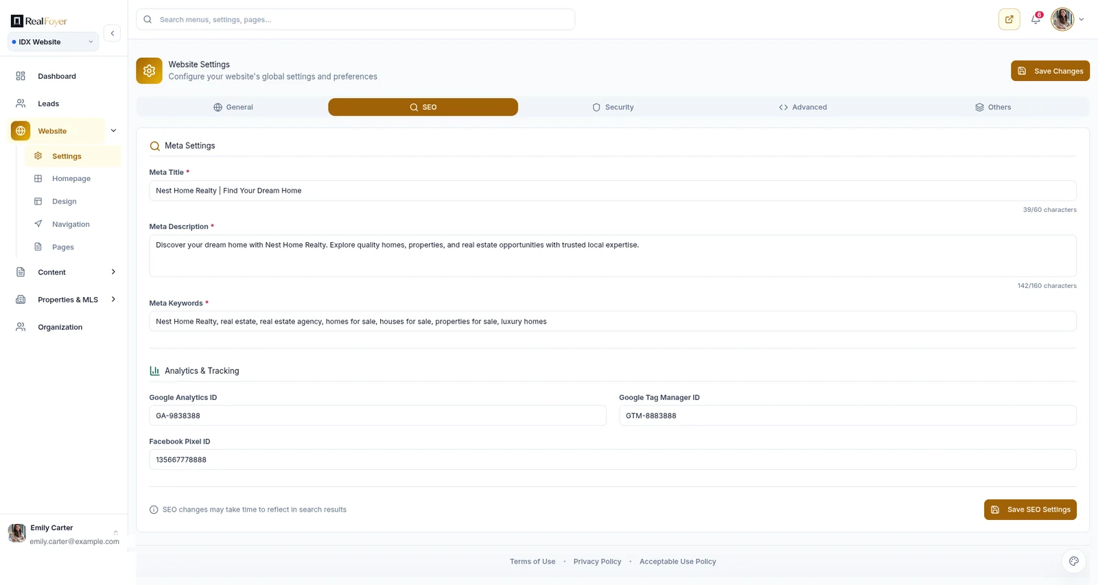 RealFoyer website SEO settings with meta title, meta description and keyword fields above Google Analytics, Tag Manager and Facebook Pixel IDs