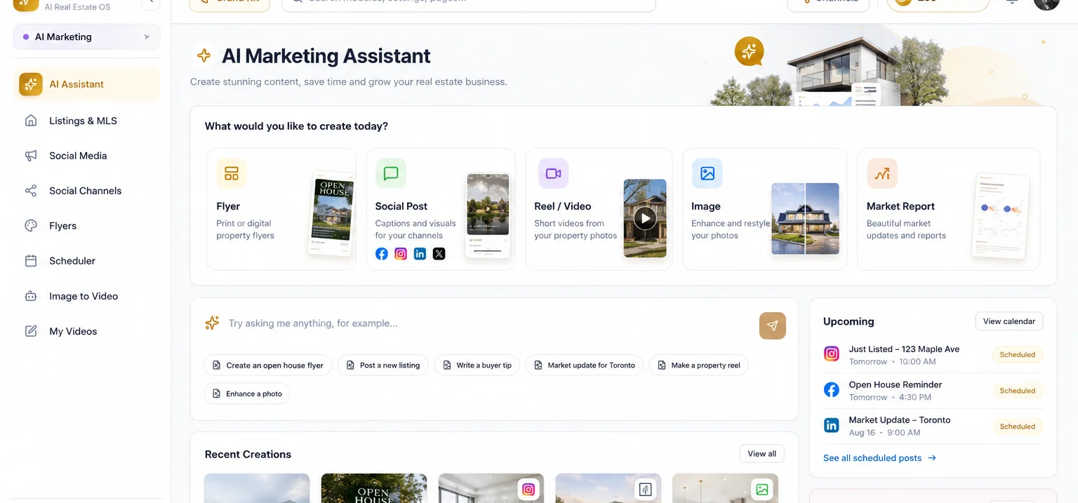 The AI Marketing studio, showing generated flyer, email, QR flyer and Instagram post examples