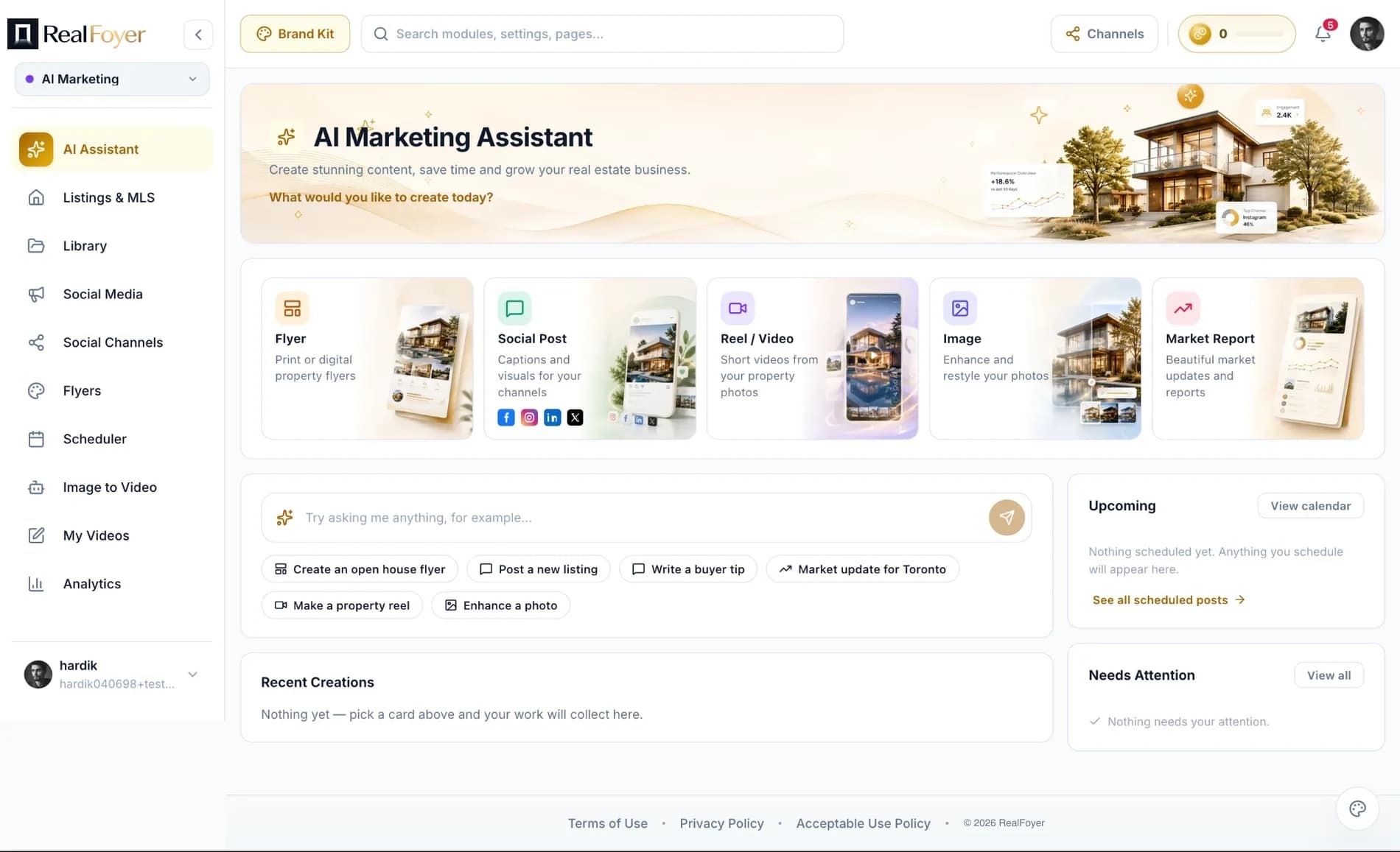 The RealFoyer AI Marketing Assistant home screen, with a prompt box, quick-start shortcuts, an upcoming schedule panel and a recent creations list