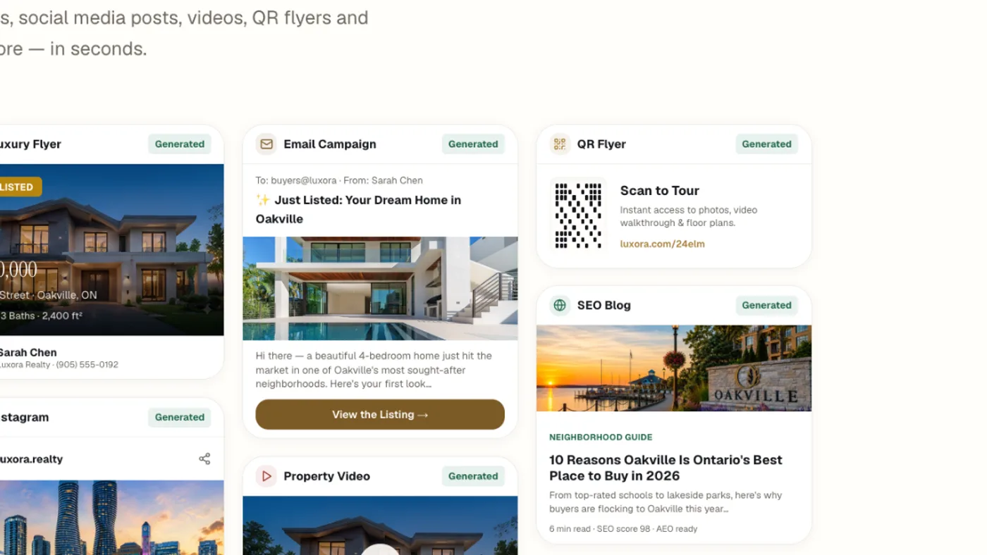 The AI Marketing studio, showing generated flyer, email, QR flyer and Instagram post examples