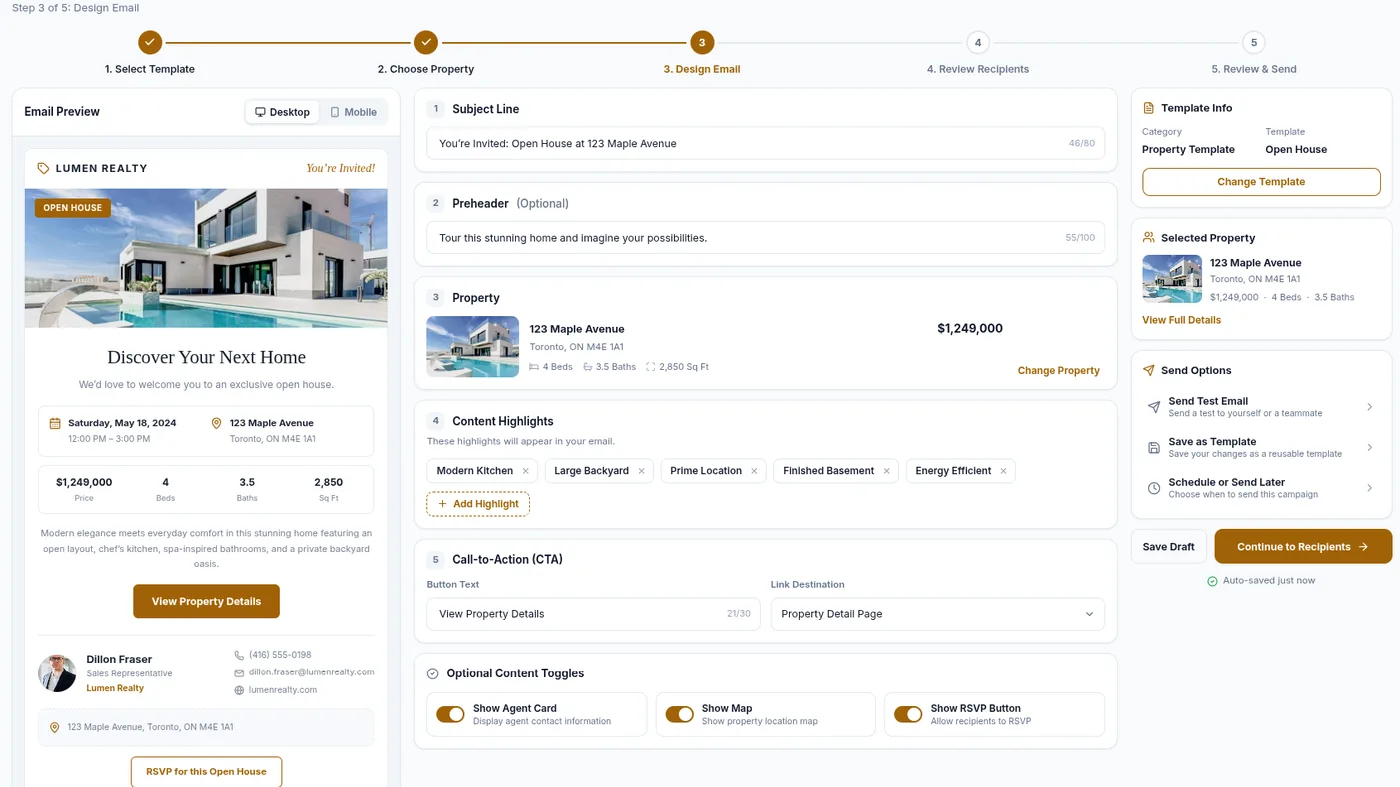 The email editor, with subject line, property, content highlights and a live preview