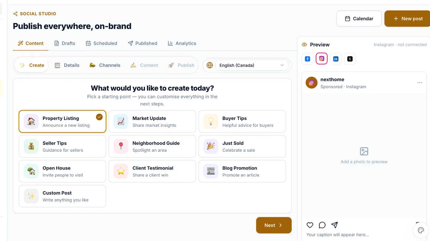 The social studio, showing post types, connected channels and an Instagram preview