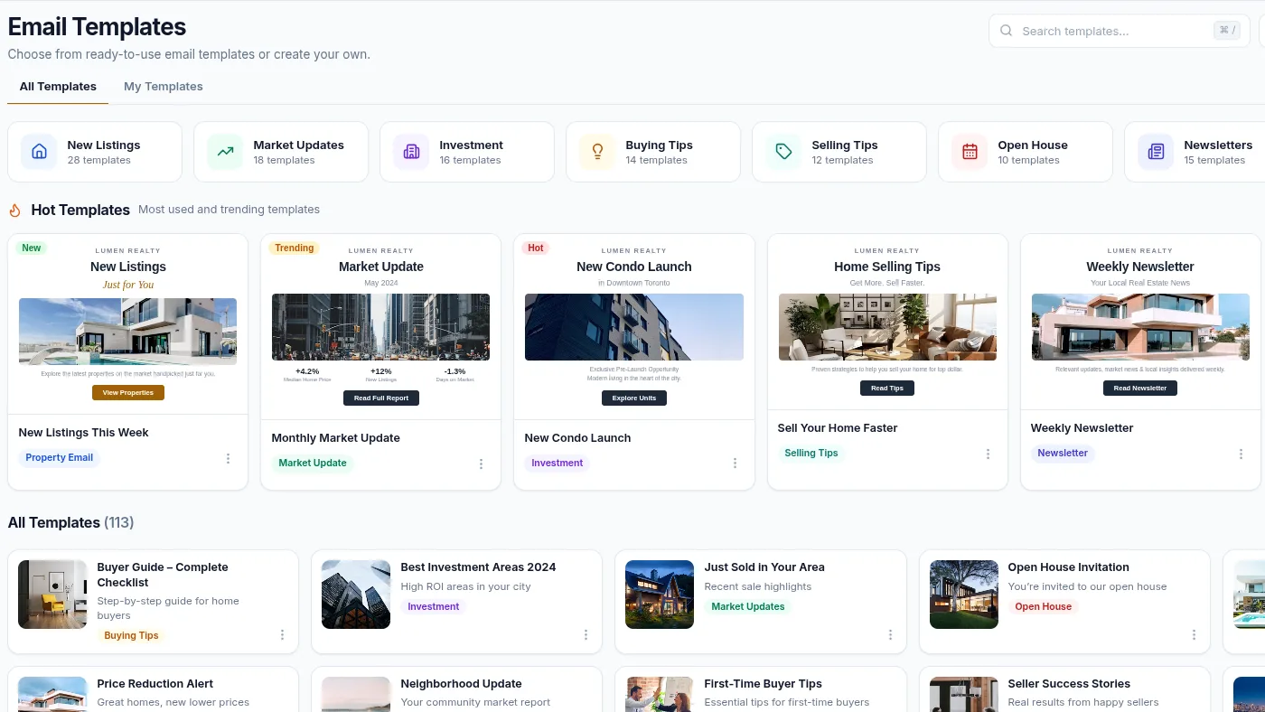The email template library, grouped by new listings, market updates, open houses and newsletters