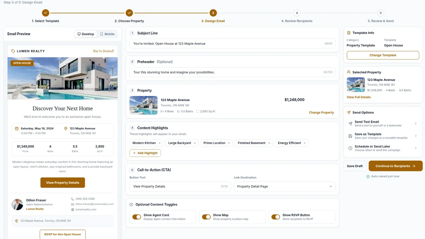 The email builder, showing the subject line, property, content highlights and call to action beside a live preview