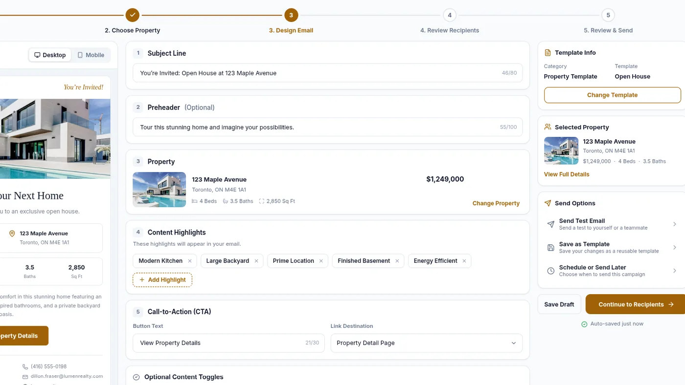 The email builder, showing the subject line, property, content highlights and call to action beside a live preview