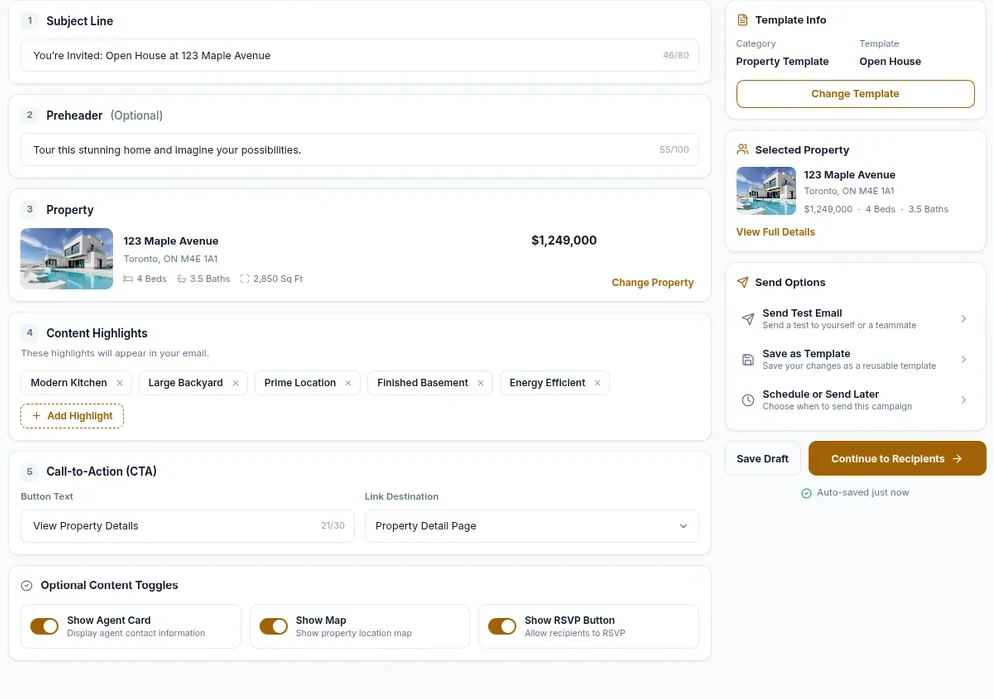 The send options panel, offering a test send, save as template, and schedule or send later