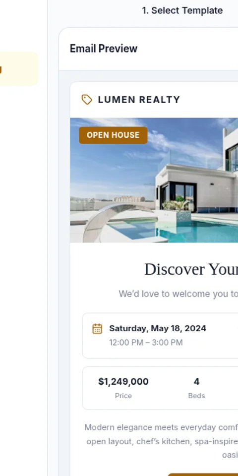 An email preview built from a listing, shown on a phone