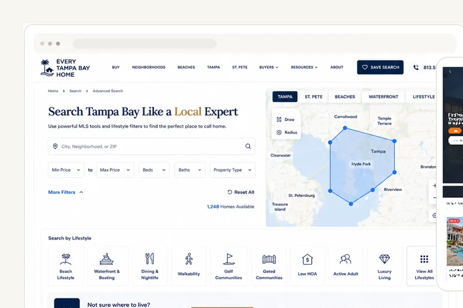 A RealFoyer IDX website with MLS search, map and lifestyle filters