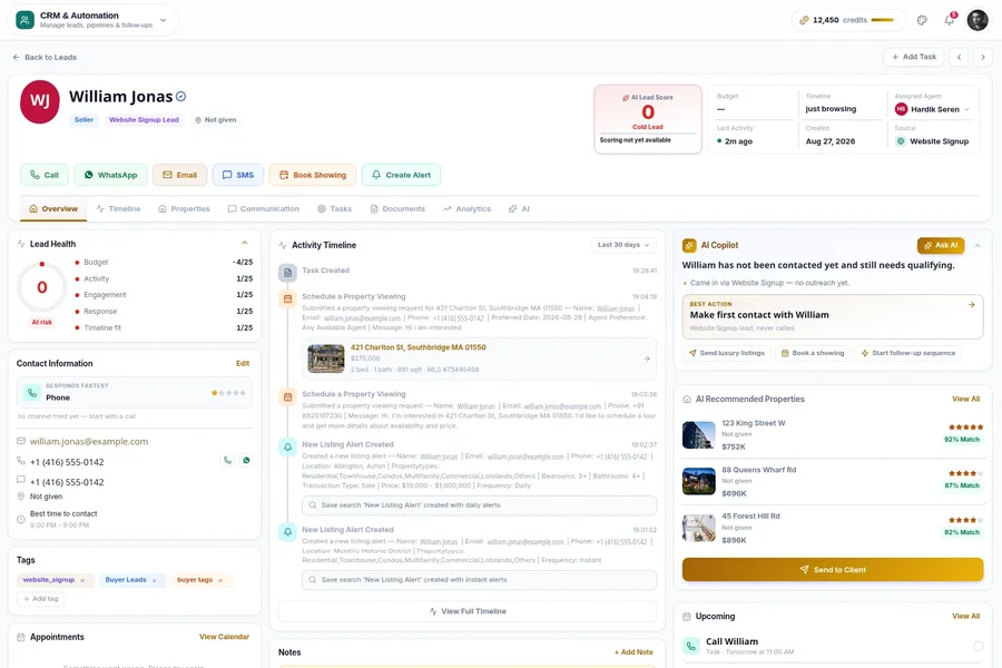 The RealFoyer CRM lead record, showing lead health, contact details and activity timeline