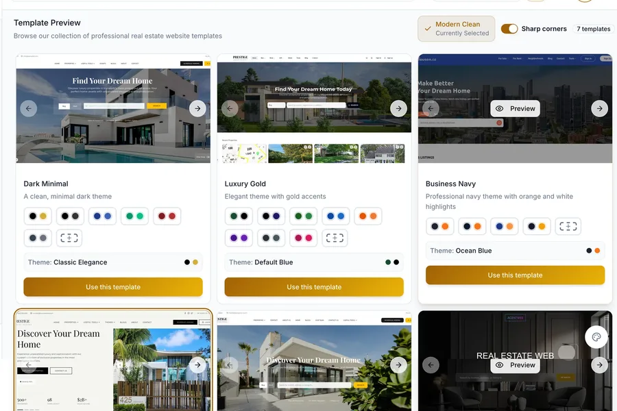 The RealFoyer website template gallery with theme and colour options