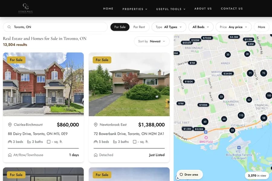 MLS listing results with map search on a RealFoyer website