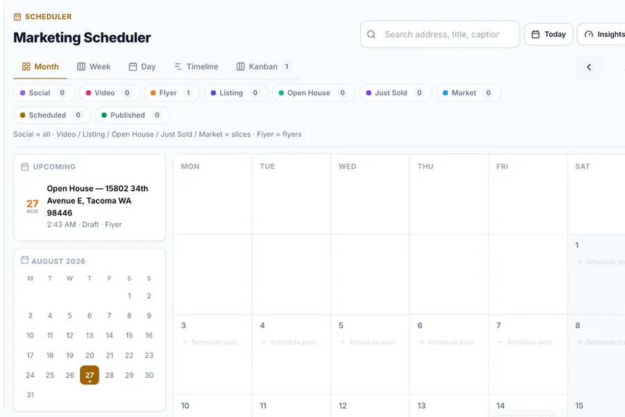 The marketing scheduler showing a month of social, video and listing content