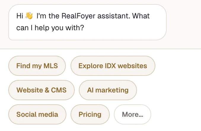 The RealFoyer website assistant, offering suggested topics and a message box