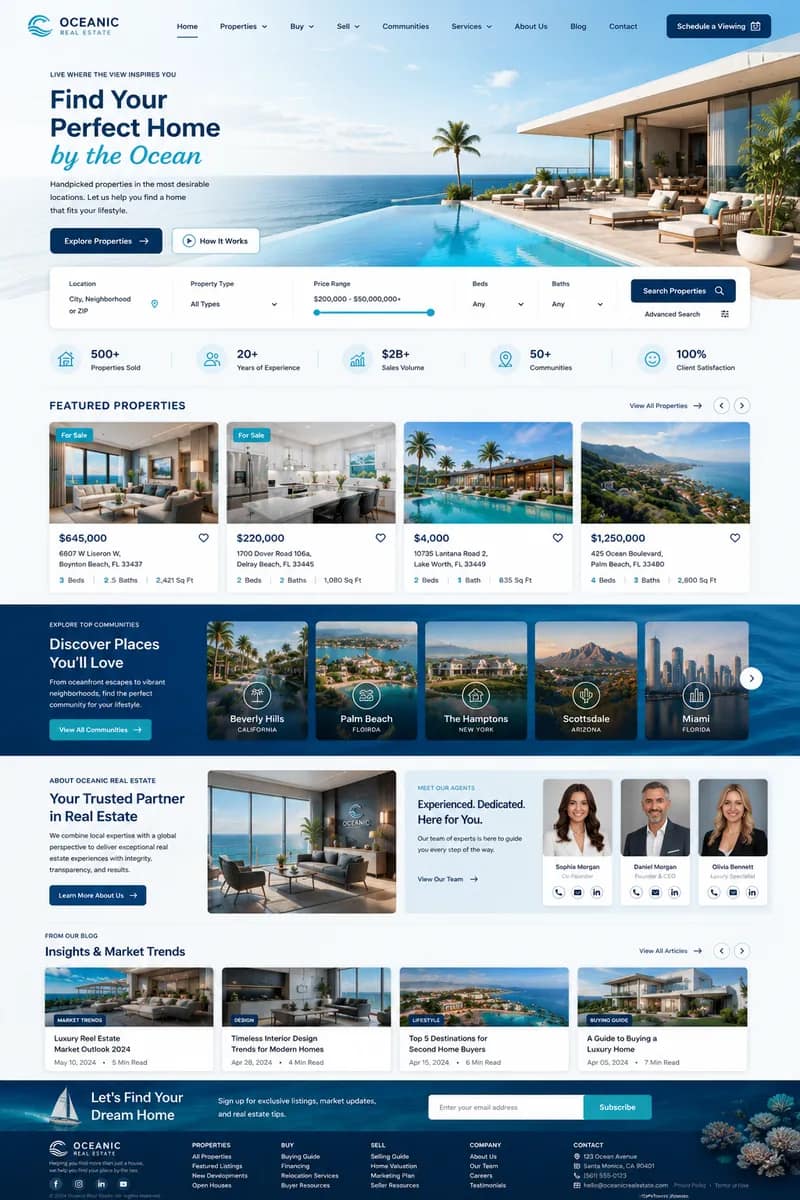 Oceanic theme — coastal blue real estate website design
