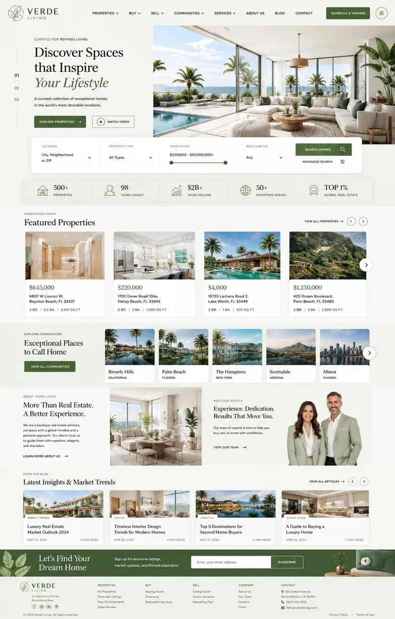 Verde Living theme — editorial green real estate website design